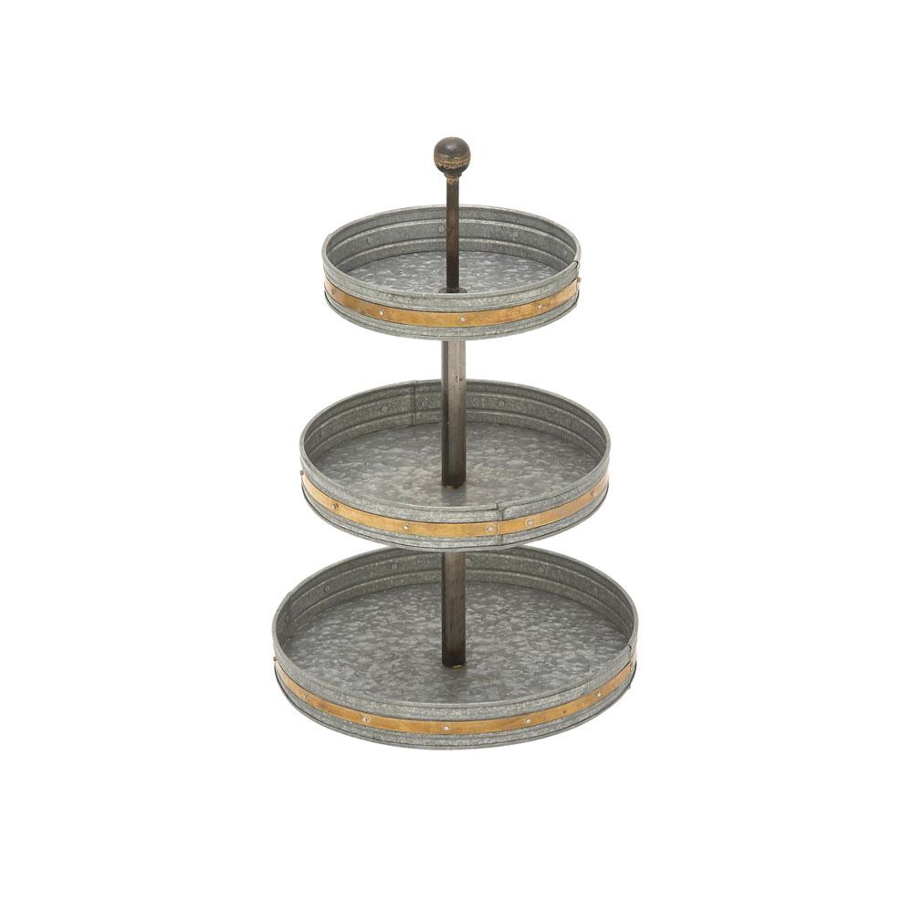 Litton Lane 24 in. 3-Tiered Round Gray Iron Tray Stand with Copper Band ...