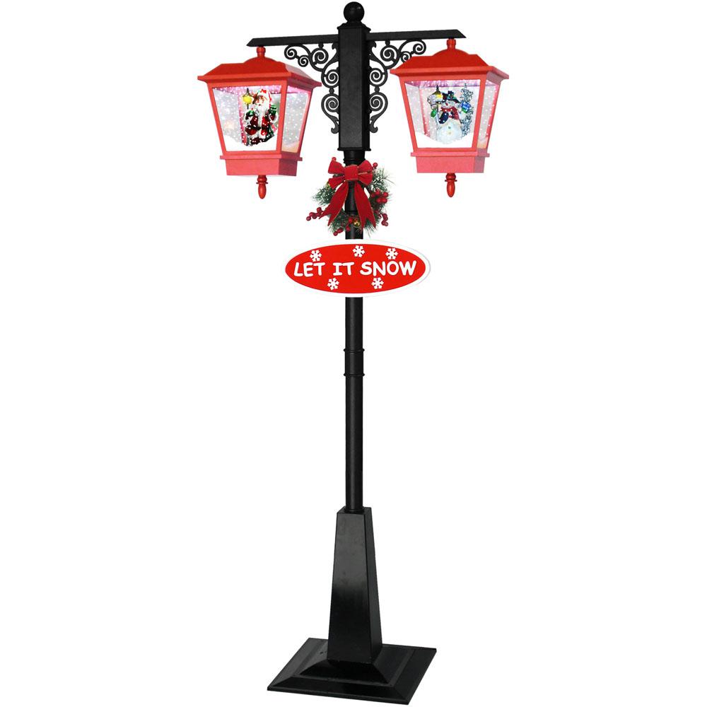 Fraser Hill Farm 71 In Double Al Lamp Post With 2 Red Lanterns Double Al Lamp Post With 2 Red Lanterns And Snow Function