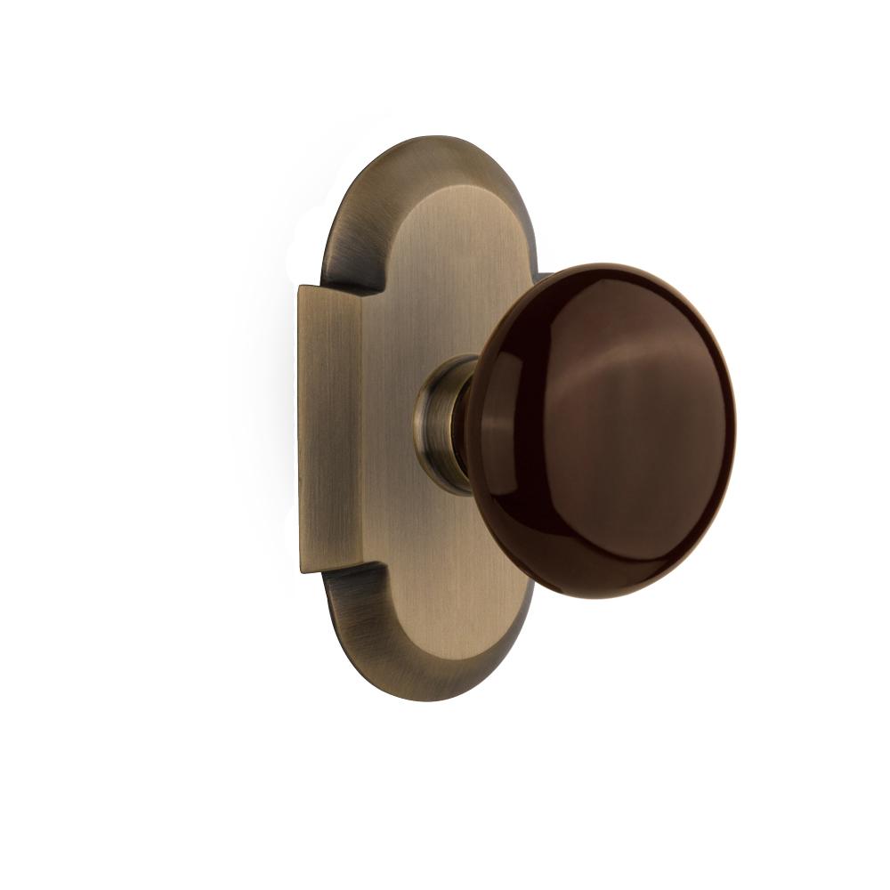 Nostalgic Warehouse Deco Plate 23/8 in. Backset Antique Brass Privacy Brown Porcelain Door Knob