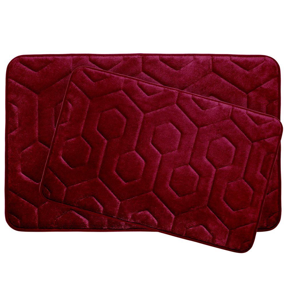Hexagon Red 20 in. x 34 in. Memory Foam Bath Mat Set (2