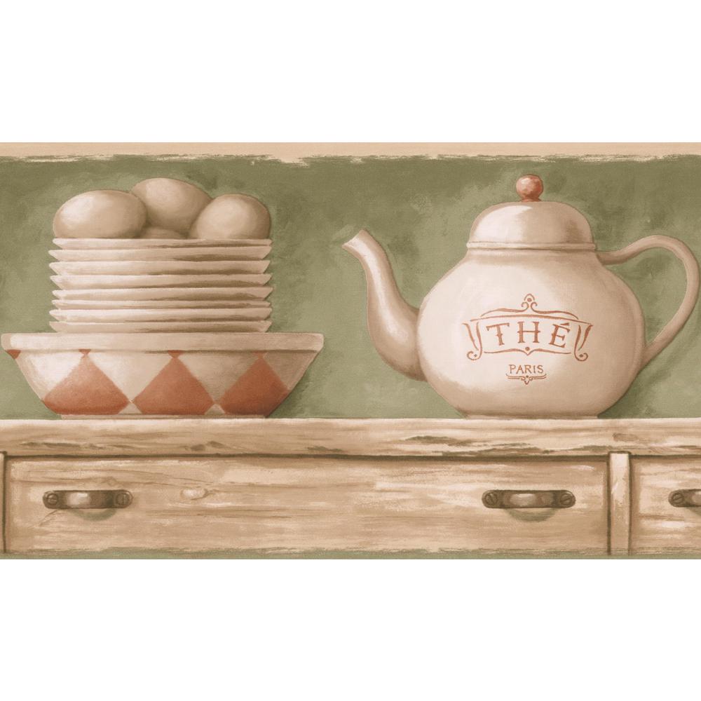 Retro Art Beige Kitchen Chest Tea Cups Plates Kettle Olive Green