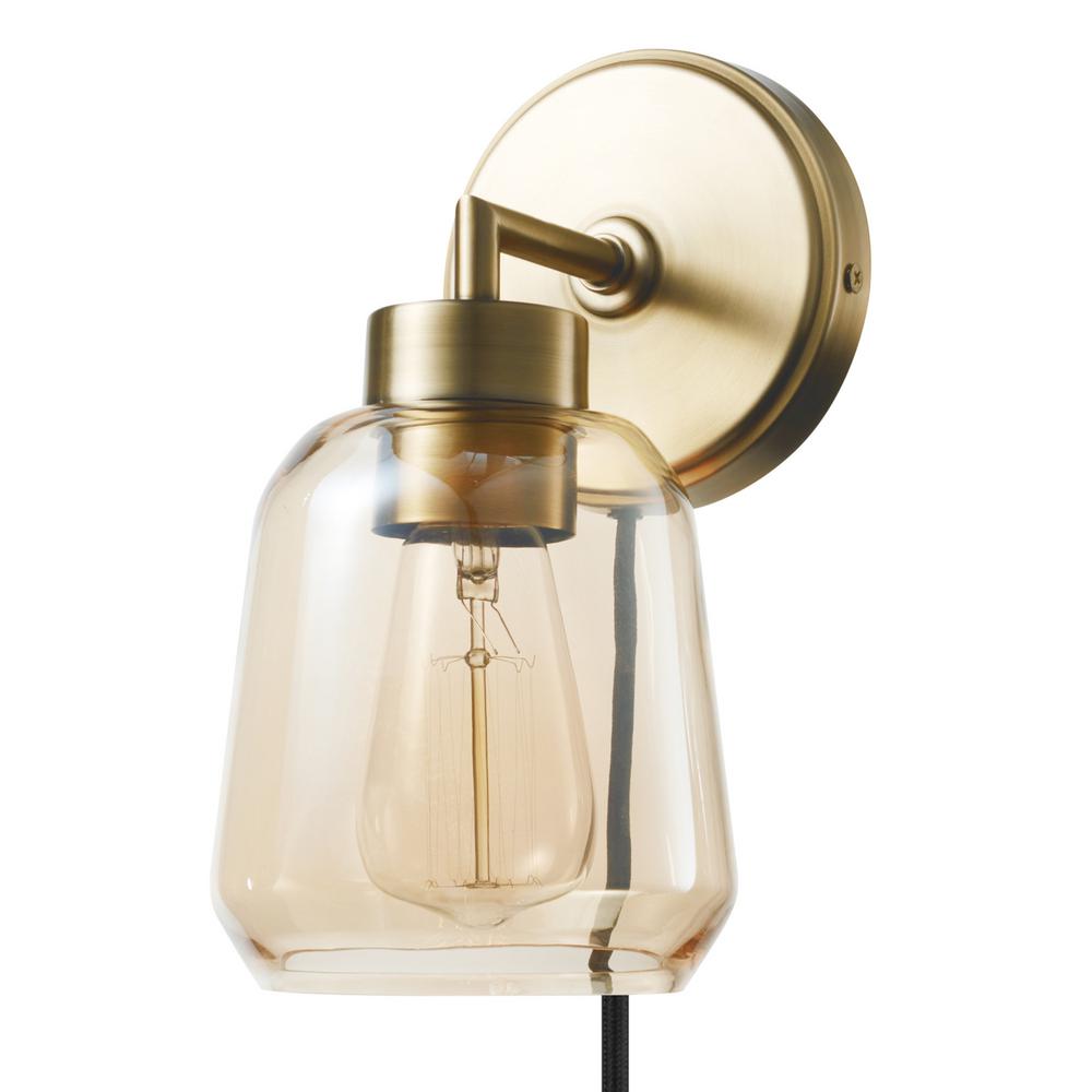 Globe Electric Salma 1 Light Matte Brass Plug In Or Hardwire Wall Sconce With Smoked Amber Glass Shade And In Line On Off Switch The Home Depot