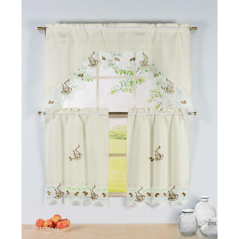 Window Elements Semi Opaque Coffee Talk Embroidered 3 Piece Kitchen