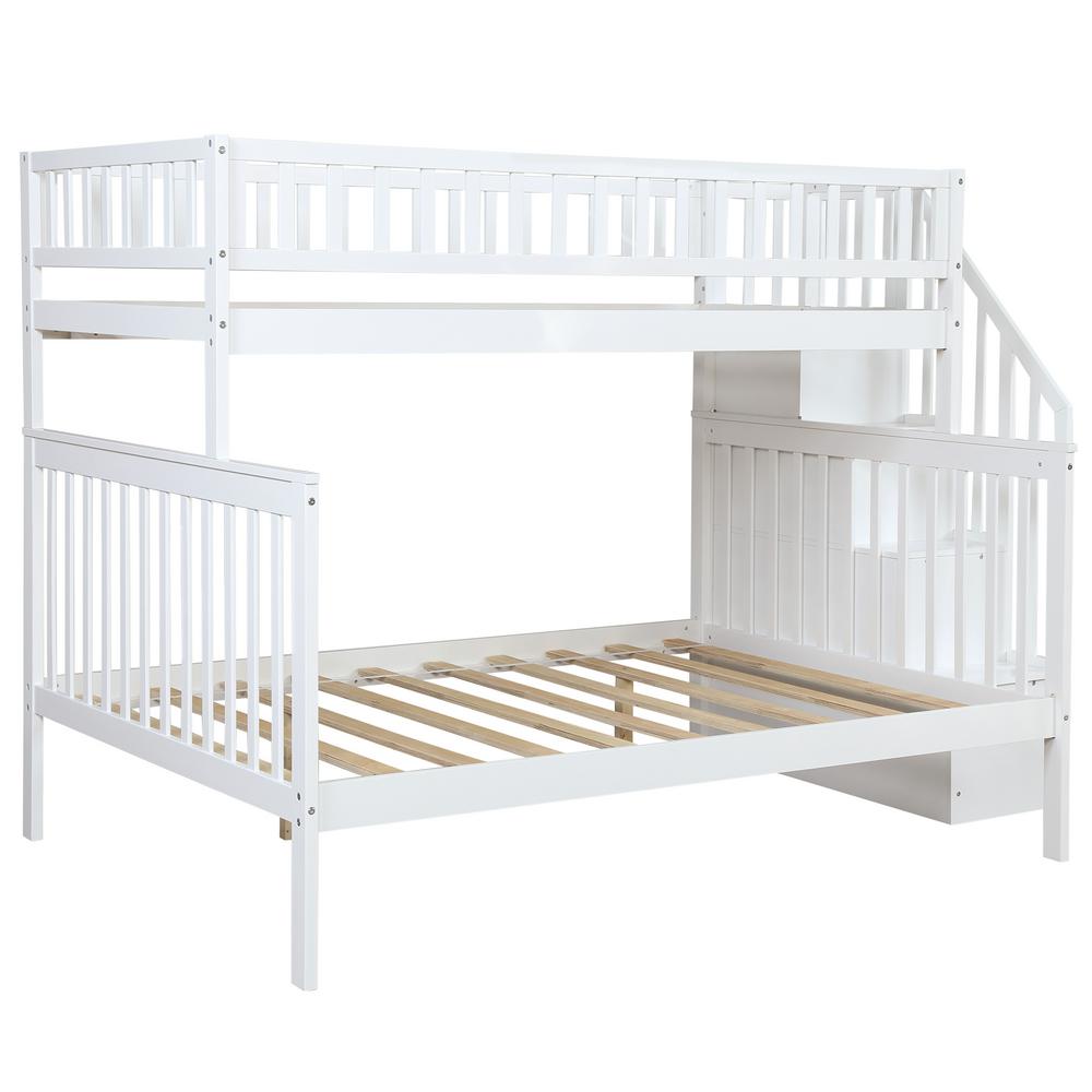 White Twin Over Full Bunk Bed with Trundle and Stairs for Kids