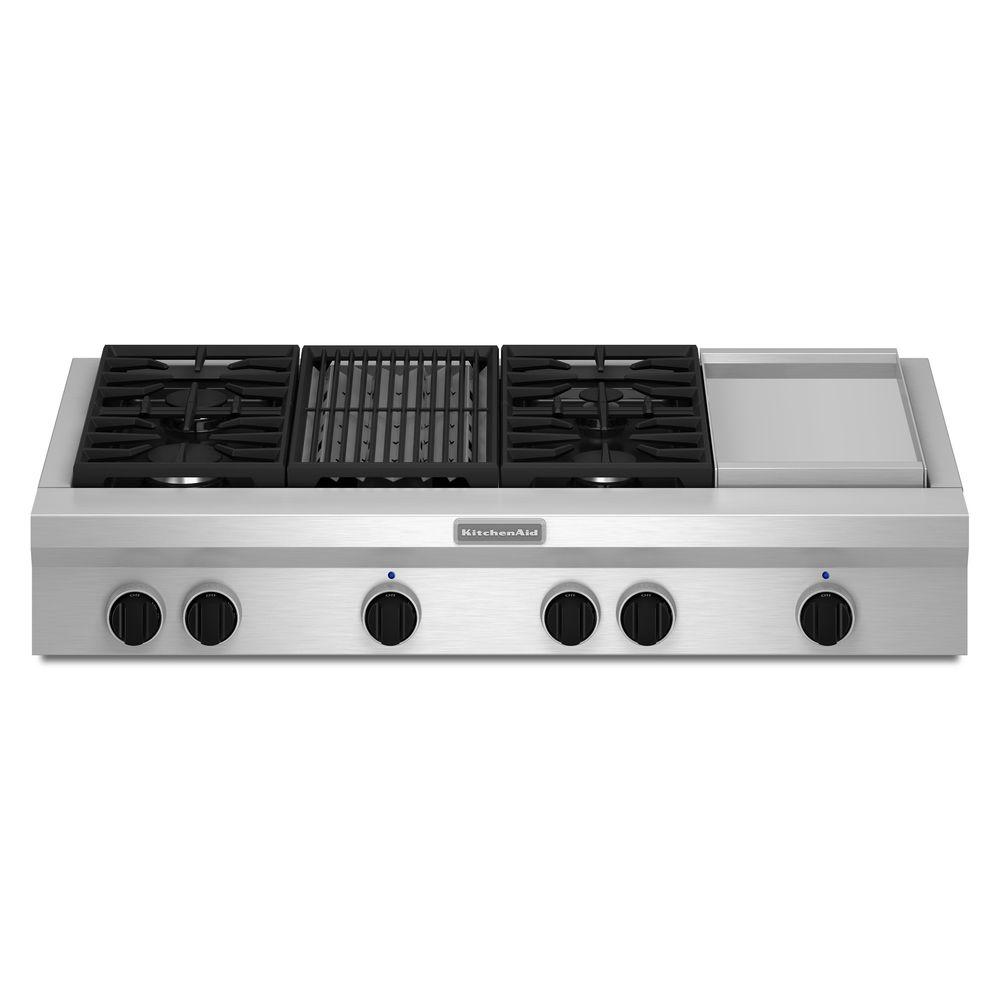 KitchenAid 48 in. Gas Cooktop in Stainless Steel with Grill and 6