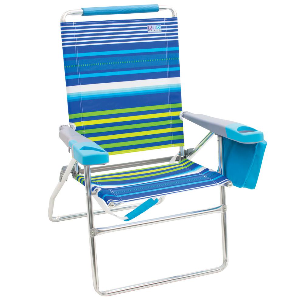 17 In 4 Position Aluminum Striped Tall Beach Chair With Bottle Opener And Cell Phone Beverage Holders