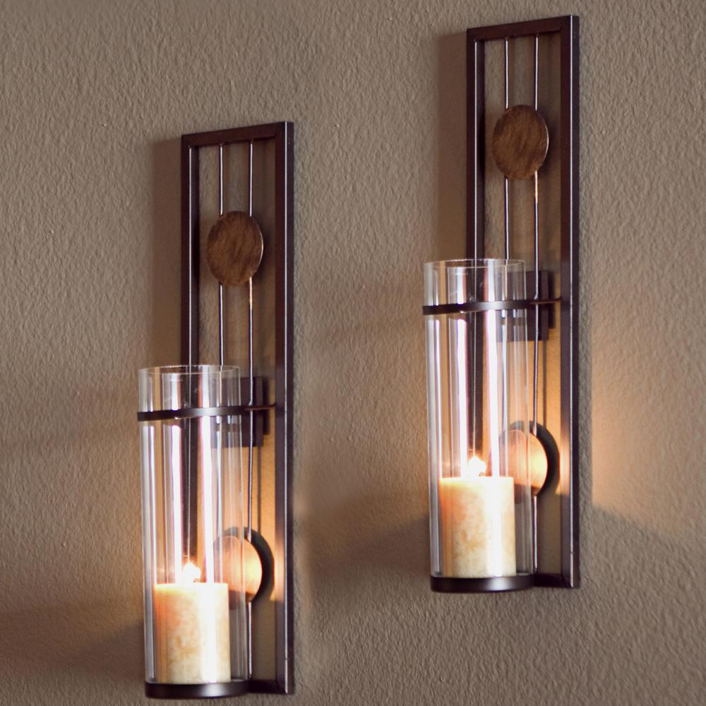 Candle Sconce Wall Sculptures Accents The Home Depot Contemporary Metal Brown Wall Candle Sconces With Antique Patina Medallions Set Of 2