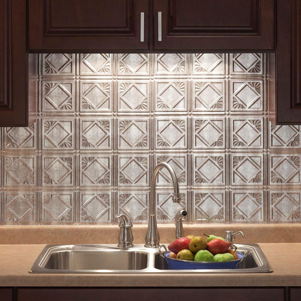 Fasade 18 in. x 24 in. Traditional 4 PVC Decorative Backsplash Panel in Crosshatch SilverB5121 