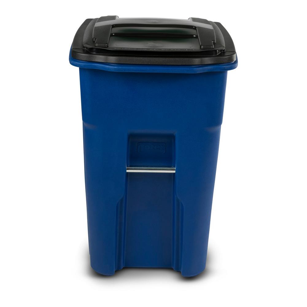 Blue Trash Can w/ Wheels 48 Gal Attached Lid Garbage Bin Rolling Heavy
