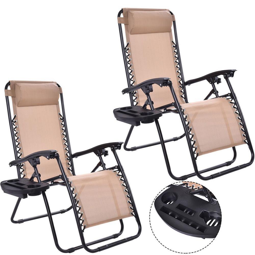2x Folding Recline Zero Gravity Chairs Garden Lounge Beach Camp Portable W//Trays