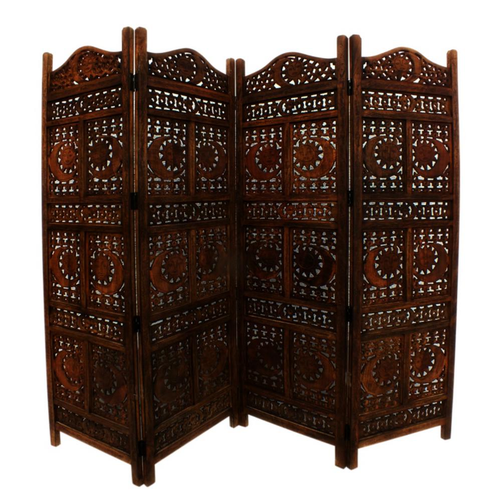 Benzara 71 In Brown Sun And Moon Design Foldable 4 Panel Wooden Brown Sun And Moon Design Foldable 4 Panel Wooden Room Divider