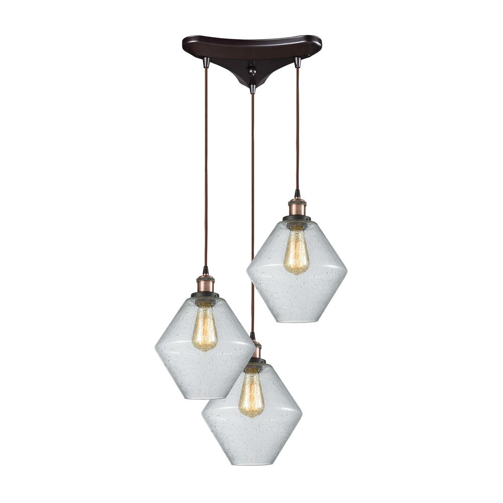 Titan Lighting Raindrop Glass 3 Light Triangle Pan In Antique Brass And Oil Rubbed Bronze With