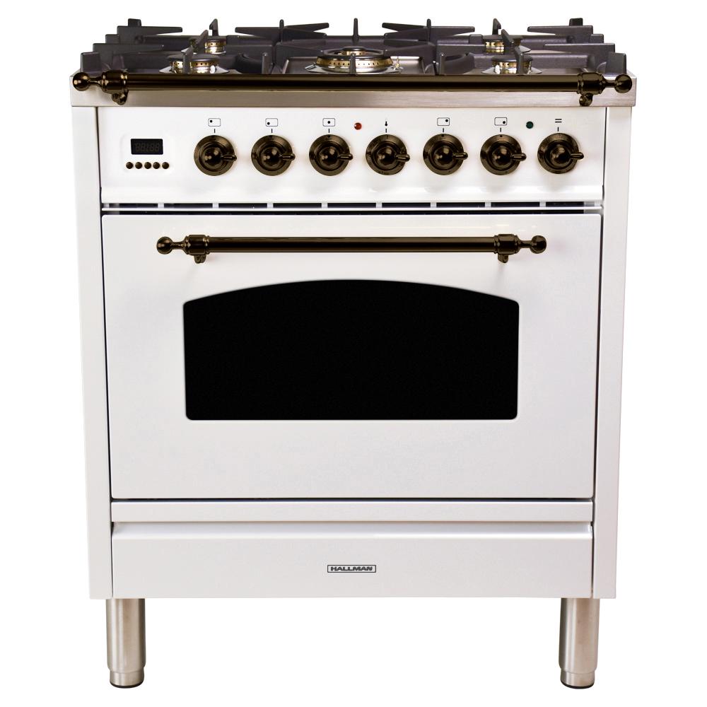 30 in. 3.0 cu. ft. Single Oven Italian Gas Range with True Convection, 5 Burners, LP Gas, Bronze Trim in White