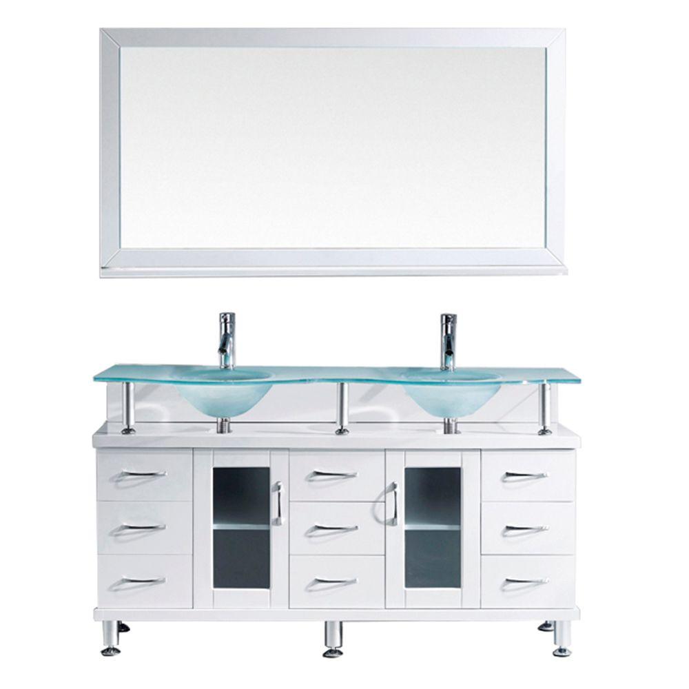 Virtu Usa Vincente Rocco 60 In W Bath Vanity In White With Glass Vanity Top In Aqua With Round Basin And Mirror And Faucet