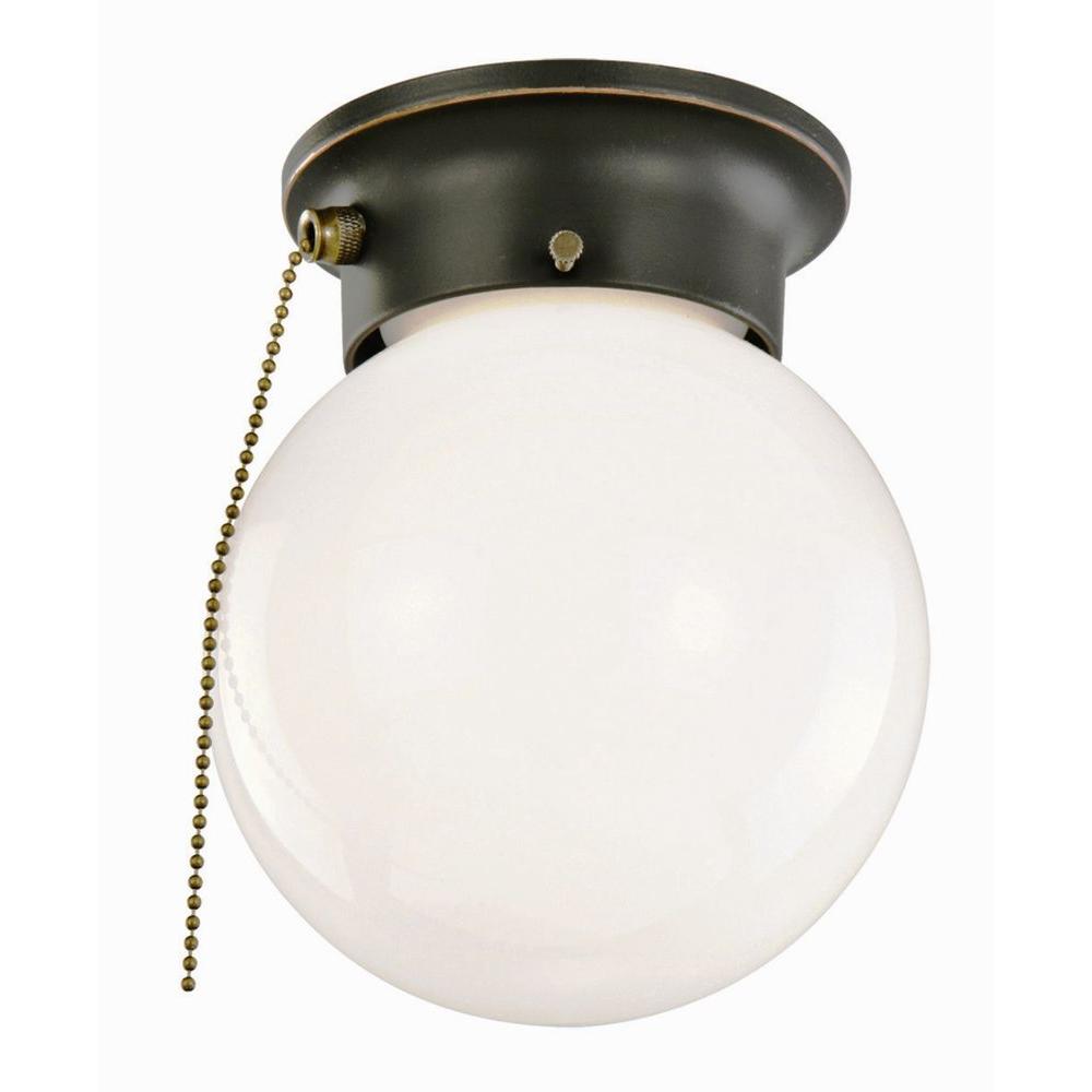 Design House 1 Light Oil Rubbed Bronze Ceiling Light With Opal Glass And Pull Chain