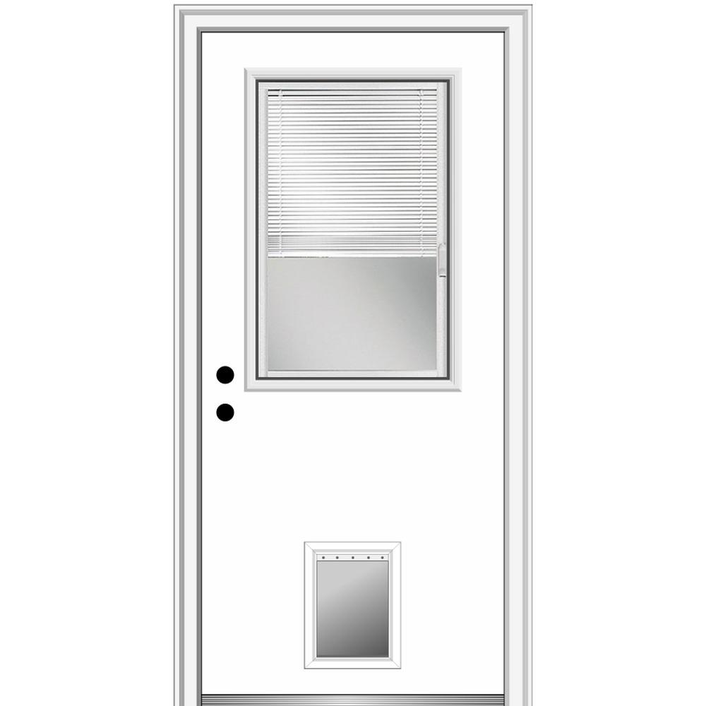 32 In X 80 In Internal Blinds Right Hand Inswing 1 2 Lite Clear Primed Steel Prehung Front Door With Pet Door