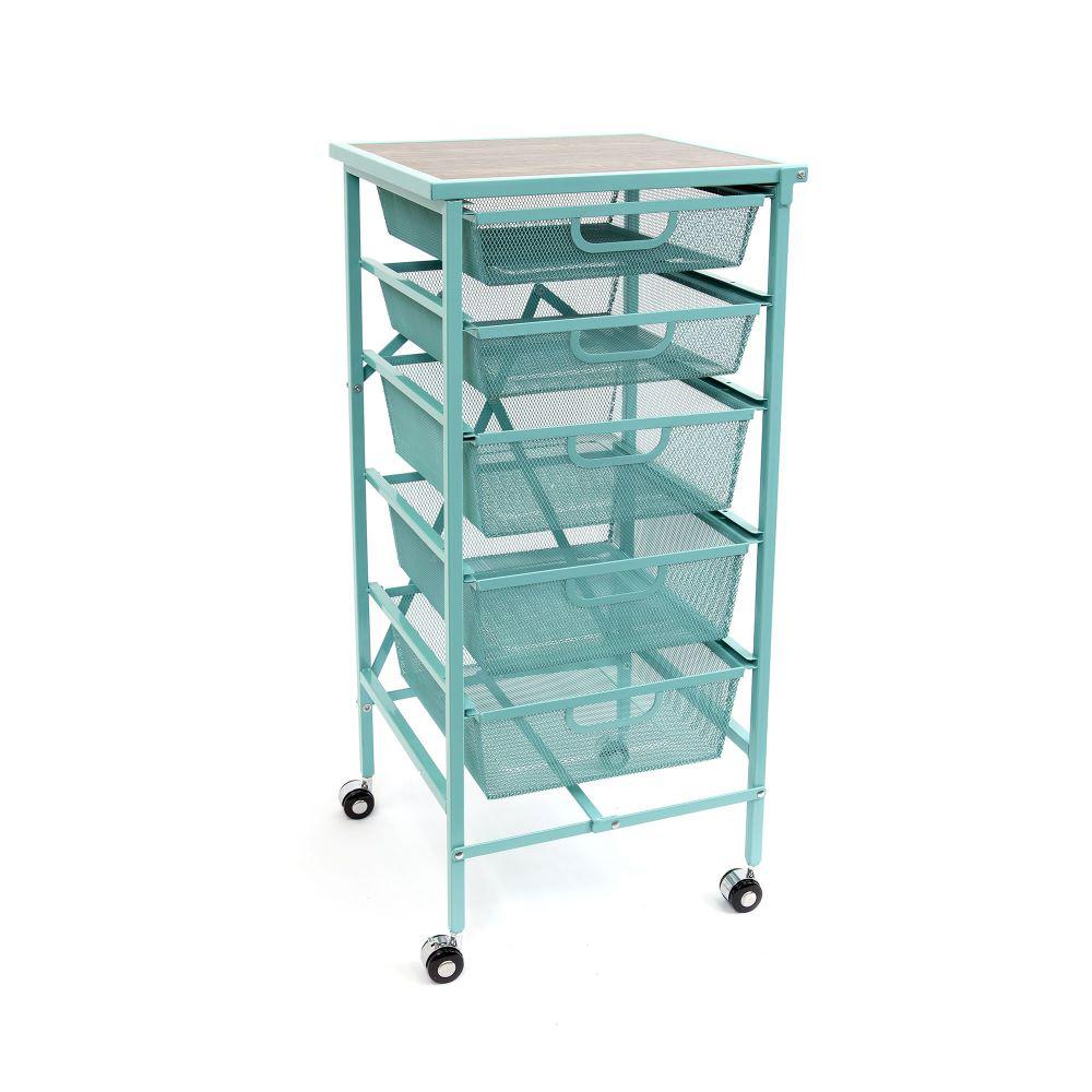 Origami Folding Steel 5 Drawer Storage Kitchen Cart Wood Top Turquoise