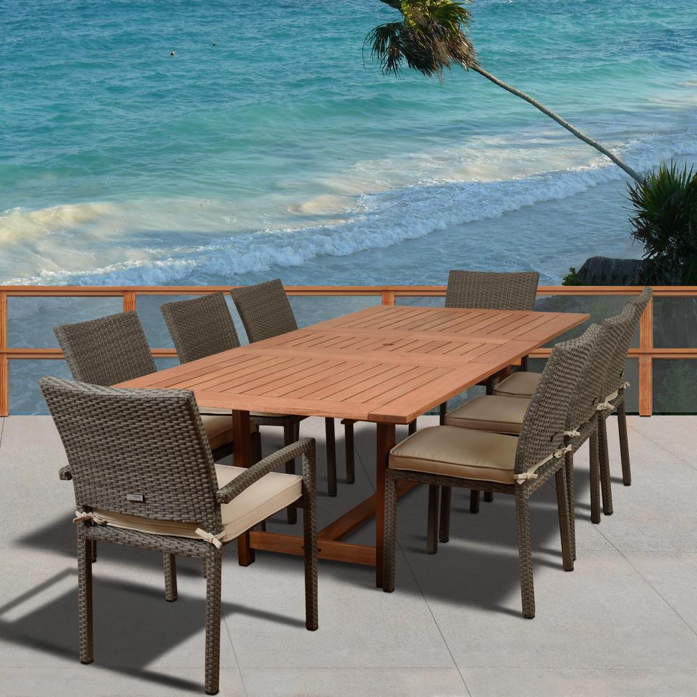 Wicker Patio Furniture Free Shipping Stackable Dining Knight 9 Piece Teak Wicker Rectangular Outdoor Dining Set With Off White Cushions