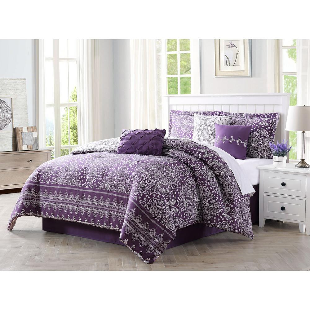 Harris Plum and White King 7Piece Reversible Comforter Set YMZ008080 The Home Depot