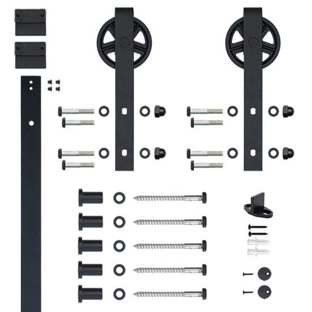 Hook Strap Black Rolling Barn Door Hardware Kit with 5 in 