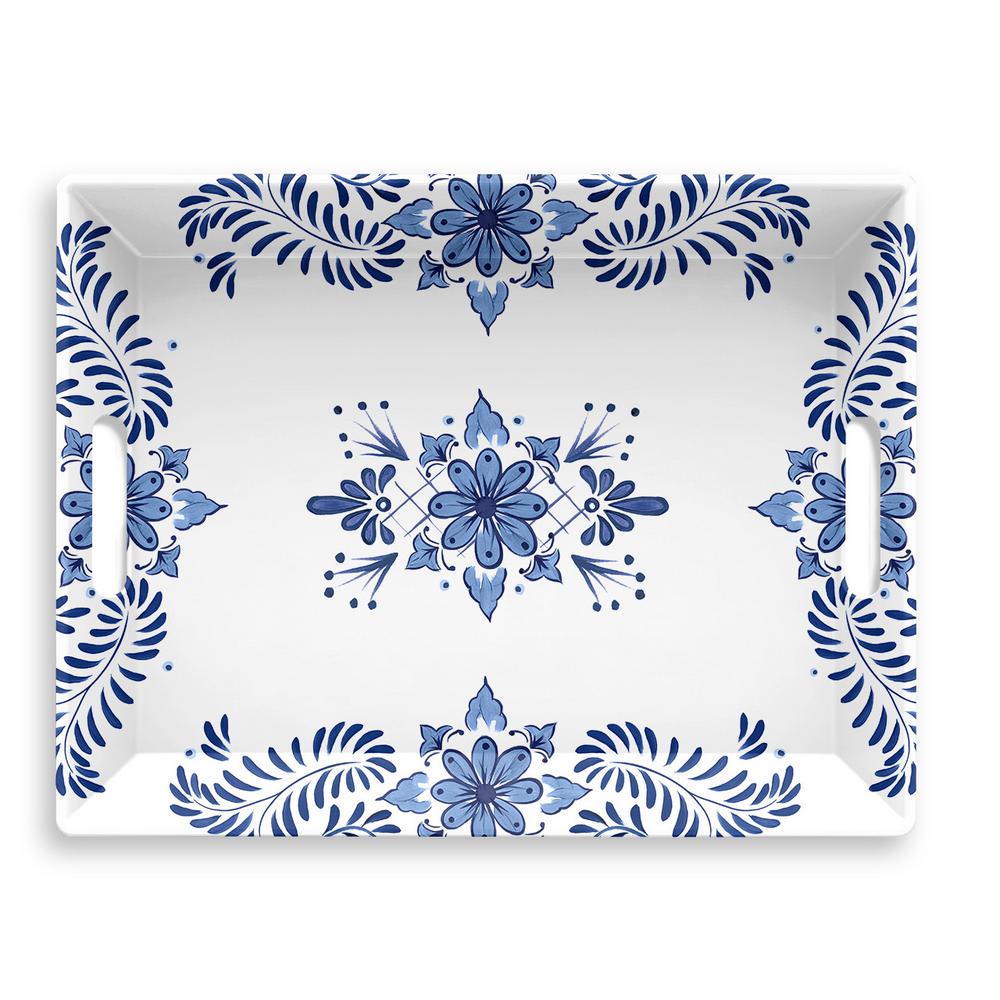 Cobalt Casita Melamine Handled Serve Tray - PTU0193RHTCC - Cooking Blue and white hand-painted patterns are inspired  sku PTU0193RHTCC