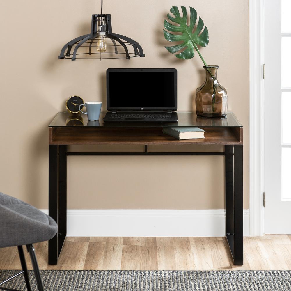 42 In Dark Walnut And Black Modern Glass Top Desk
