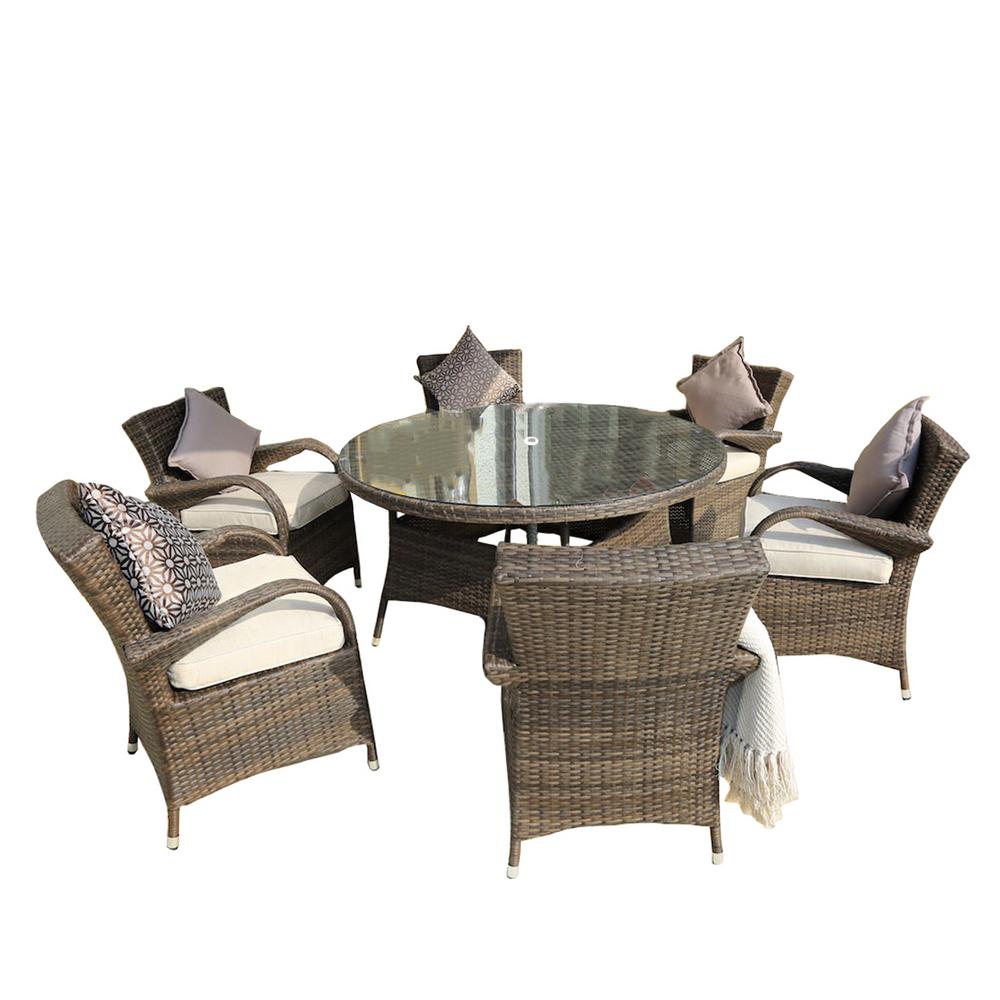 Direct Wicker Sicily 7 Piece Wicker Outdoor Dining Set With Washed Cushion Brown Wicker Pad 1122 Brown The Home Depot