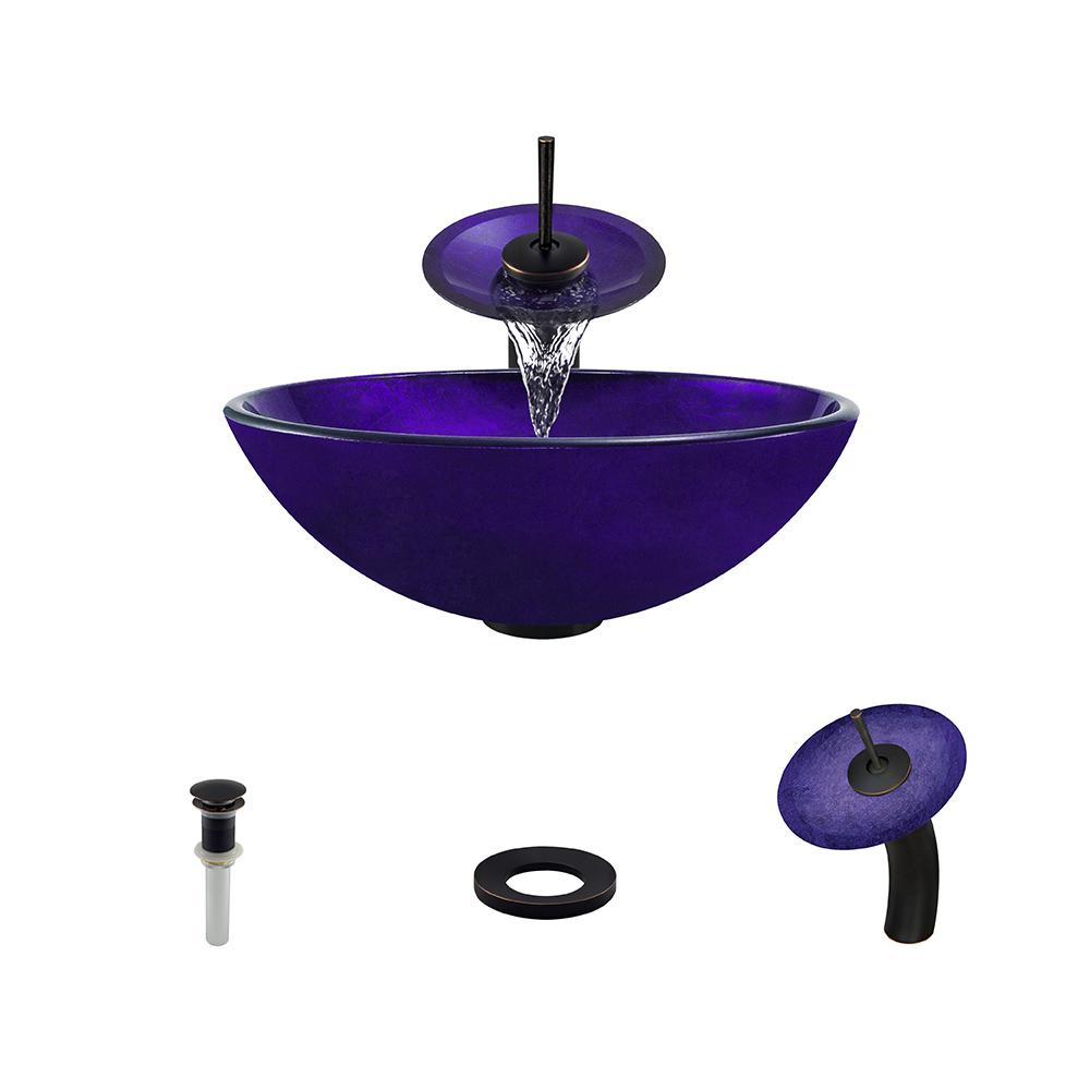 Mr Direct Glass Vessel Sink In Foil Undertone Purple With Waterfall Faucet And Pop Up Drain In Antique Bronze
