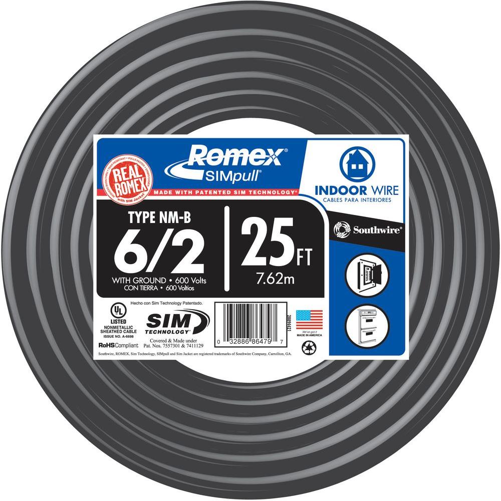 Southwire 25 ft. 6/2 Stranded Romex SIMpull CU NM-B W/G Wire-28894421