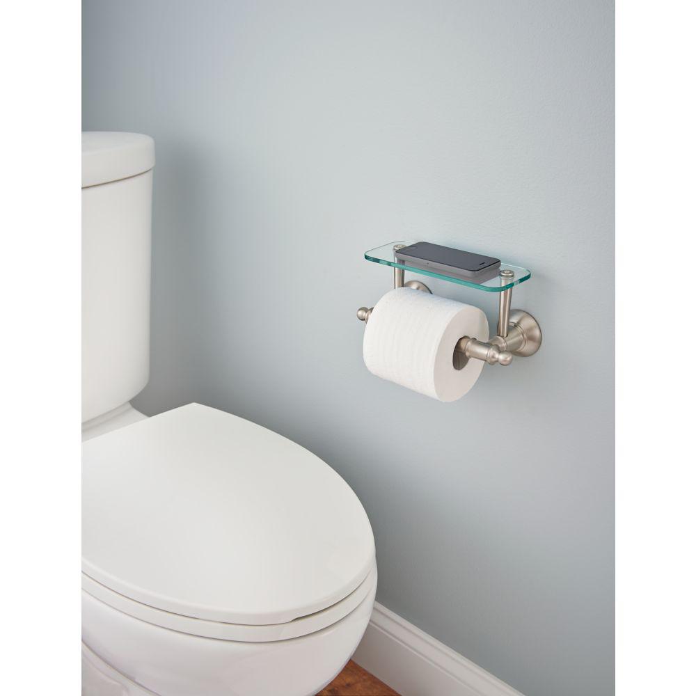 toilet paper holder with glass shelf in brushed nickel