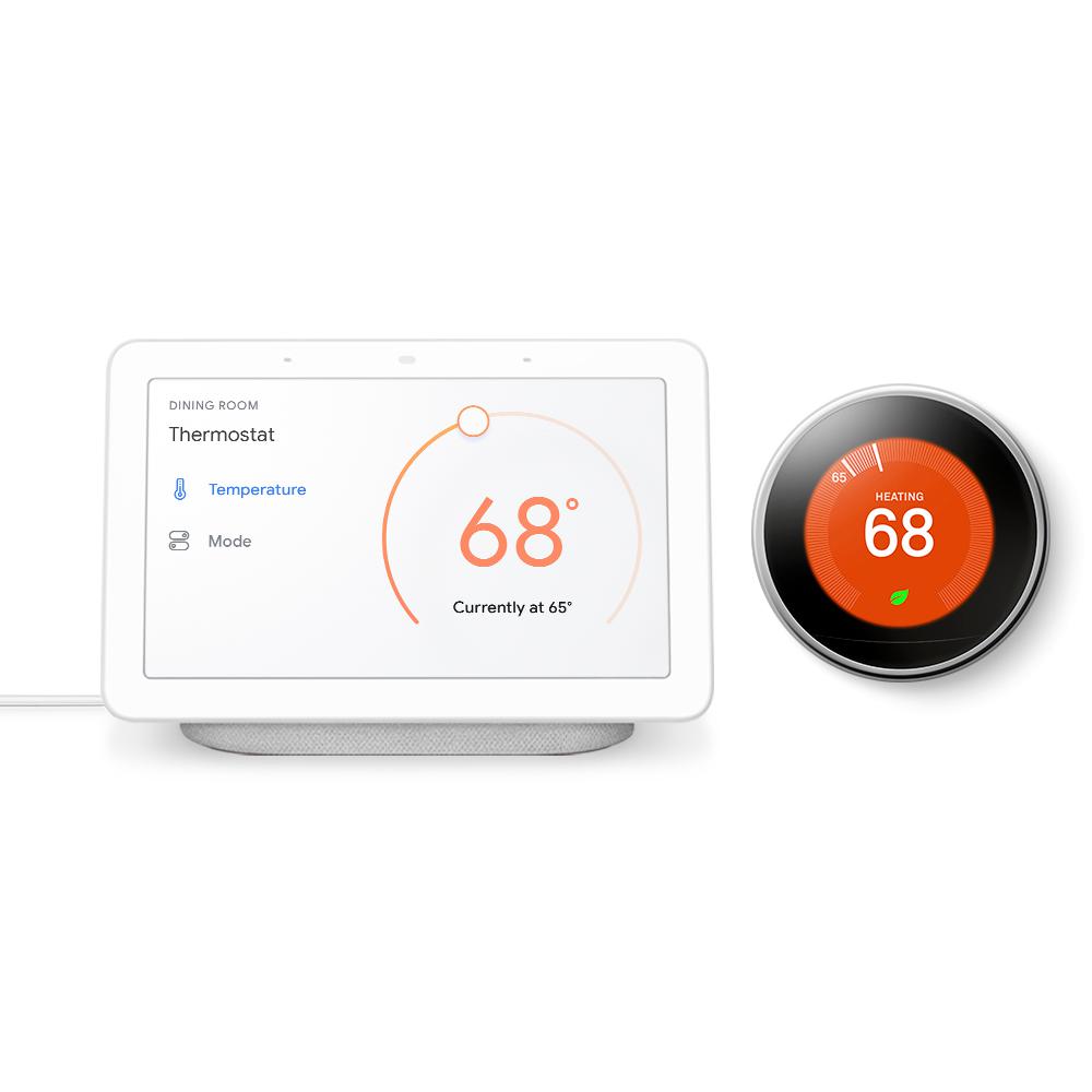 Google Nest Hub Chalk + Nest Learning Thermostat 3rd Gen in Polished
