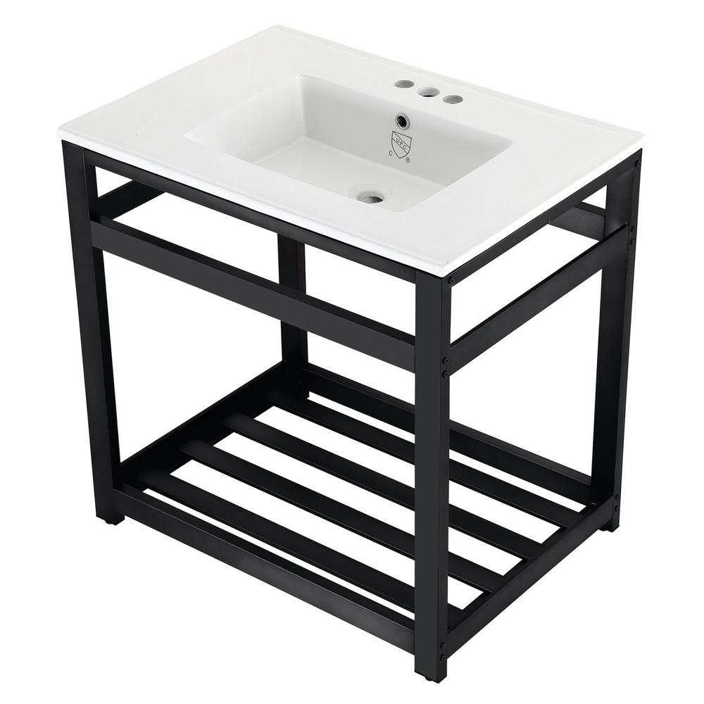 Kingston Brass 31 In Ceramic Console Sink 4 In In 3 Hole With   White Matte Black Kingston Brass Console Basin Leg Combos Hvwp3122w4a0 64 1000 