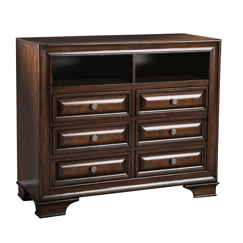 Wooden Media Chest With Six Drawer And Two Open Shelf In Cherry Brown