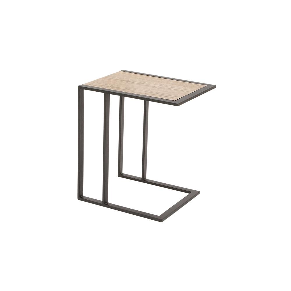 Light Brown Rectangular Side Table With Black Iron Frame And Legs