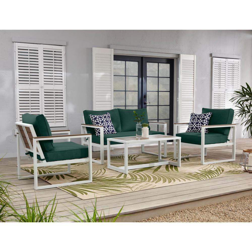 Hampton Bay West Park White Aluminum Outdoor Patio Loveseat With Cushionguard Charleston Blue Green Cushions H148 01203900 The Home Depot