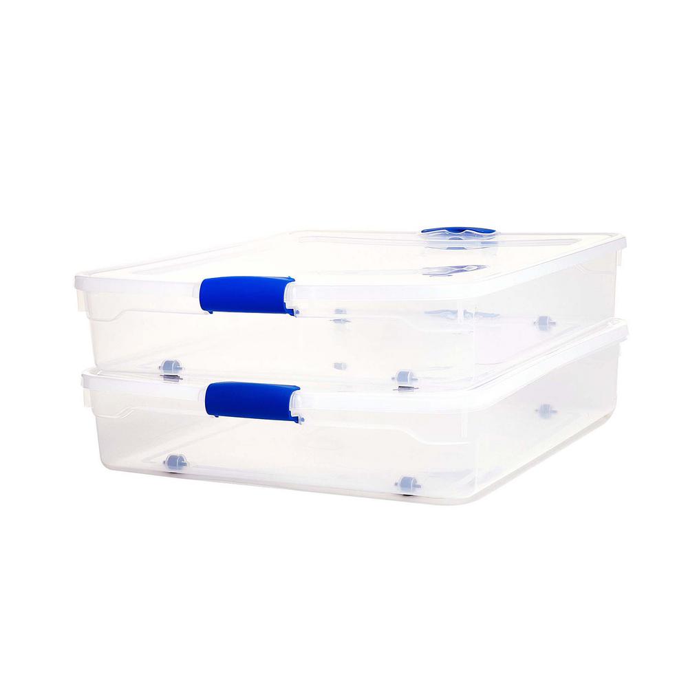 Clear Stackable Storage Bins with Blue Latching Handles 60 Quart Homz Plastic Underbed Storage 2-Pack