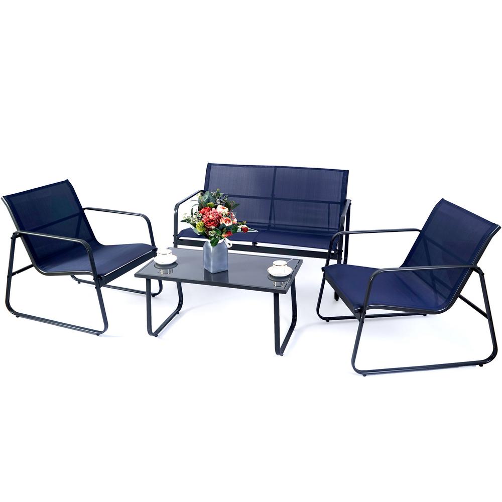 KOZYARD Gray 4-Piece Metal Patio Conversation Set with Blue Breathable Textilence Seating- USED