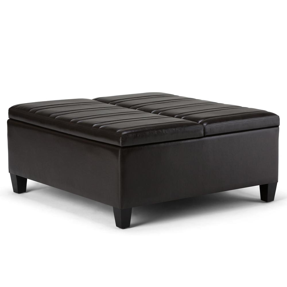 Simpli Home Ellis Tanners Brown PU Faux Leather Coffee Table Storage OttomanAXCOT266BR The