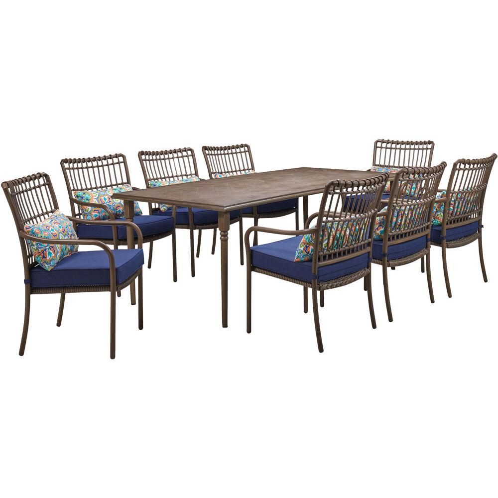 Hanover Summerland Faux Wood 9 Piece Aluminum Outdoor Dining Set Navy Cushions 8 Stationary Chairs And A 82 In X 40 In Table Sumdn9pc Nvy The Home Depot