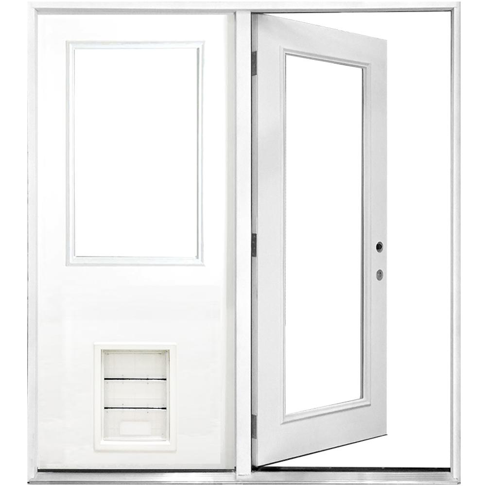 Steves Sons 72 In X 80 In Clear Lite Primed White Fiberglass Prehung Left Hand Inswing Center Hinge Patio Door With Xl Pet Door