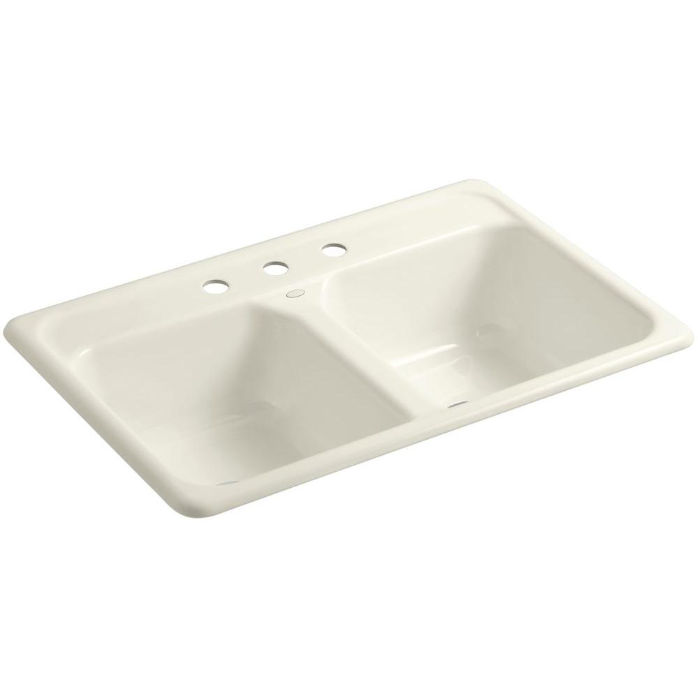 Kohler Delafield Drop In Cast Iron 33 In 3 Hole Double Bowl Kitchen Sink In Biscuit