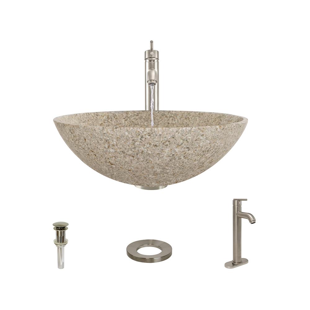 MR Direct Stone Vessel Sink in Honed Basalt Tan Granite with 718 Faucet
