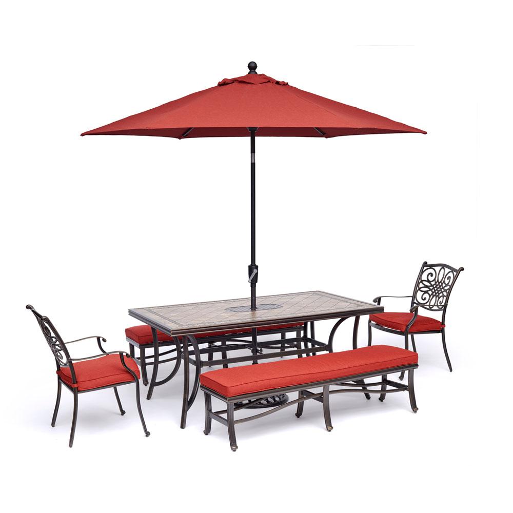 Hanover Monaco 5 Piece Aluminum Outdoor Dining Set With Red Cushions 2 Dining Chairs 2 Benches Tile Top Table Umbrella