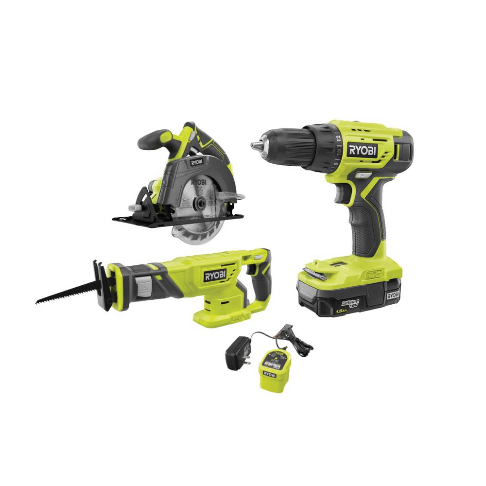 Ryobi ONE+ 18V Cordless 3-Tool Combo Kit (Drill/Driver, Circular Saw, and Reciprocating Saw) with 1.5 Ah Battery, Charger