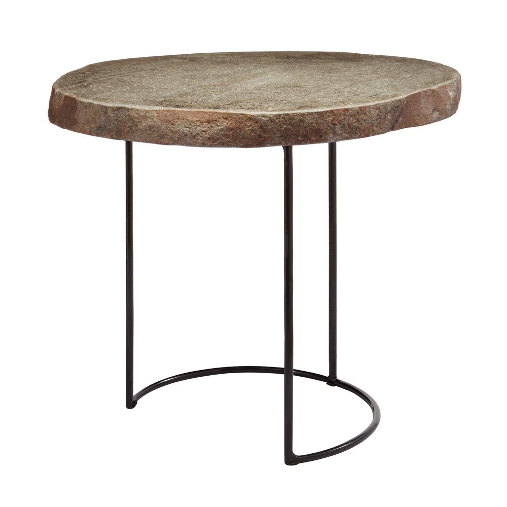 An Lighting Short Natural Stone Slab Black Wire Frame Side An Lighting Short Natural Stone Slab Black Wire Frame Side Table