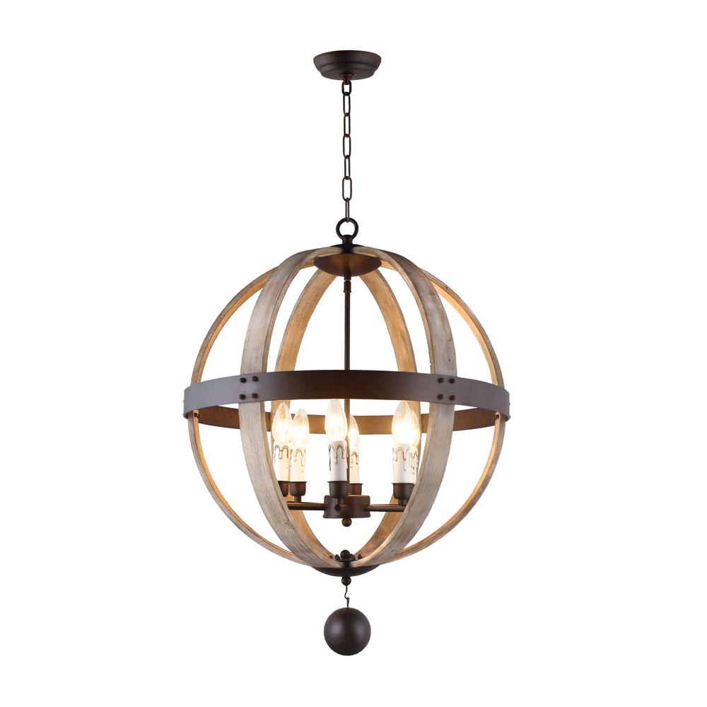 Y Decor 6-Light Rustic Metal and Natural Wood Candle Style Globe