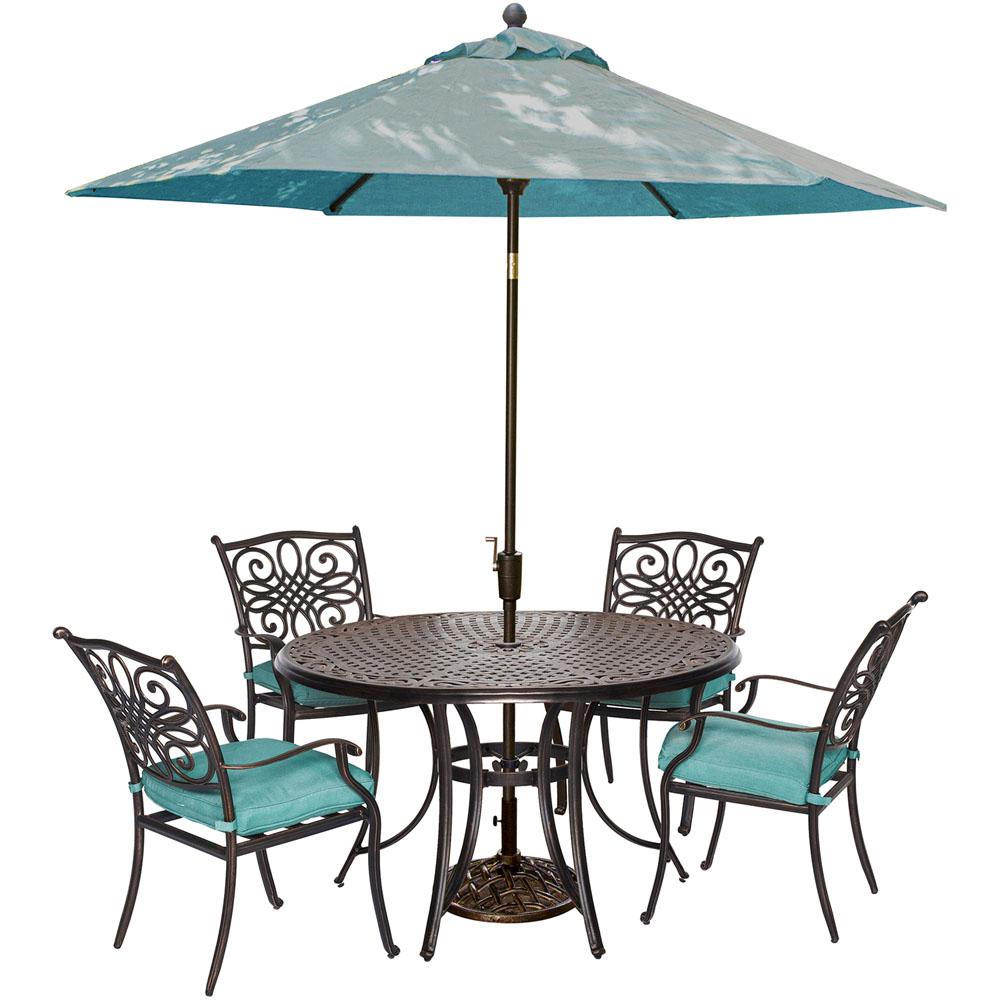 Hanover Traditions 5-Piece Outdoor Round Patio Dining Set and Umbrella and Base... by Hanover