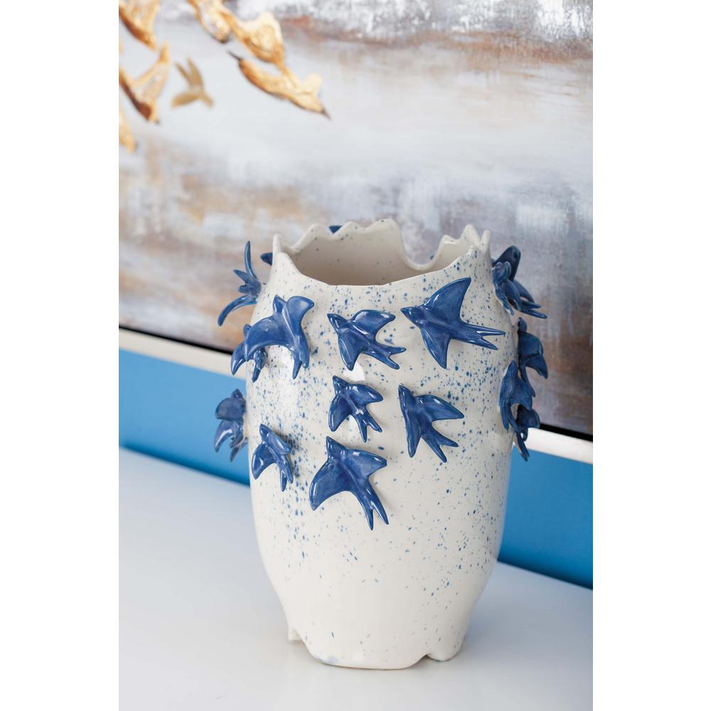 Litton Lane 12 In Ceramic White Decorative Vase With Bird Ceramic White Decorative Vase With Bird Sculptures 62182 The Home Depot