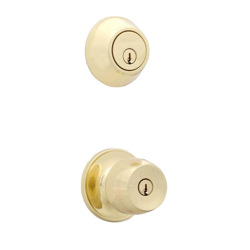 Defiant Brandywine Polished Brass Entry Knob And Double Cylinder