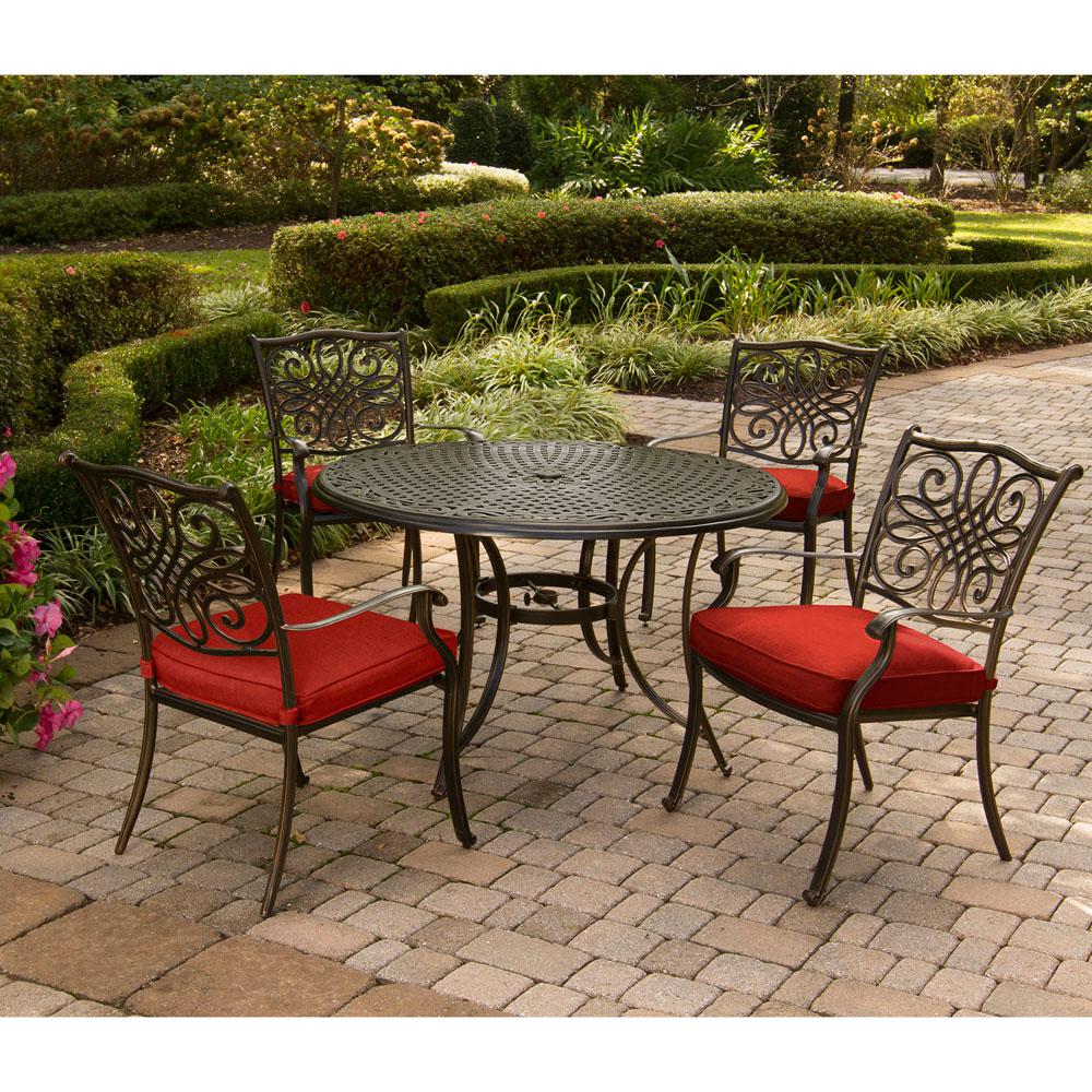 Hanover Traditions 5 Piece Round Outdoor Dining Set With Red Cushions Traddn5pc Red The Home Depot